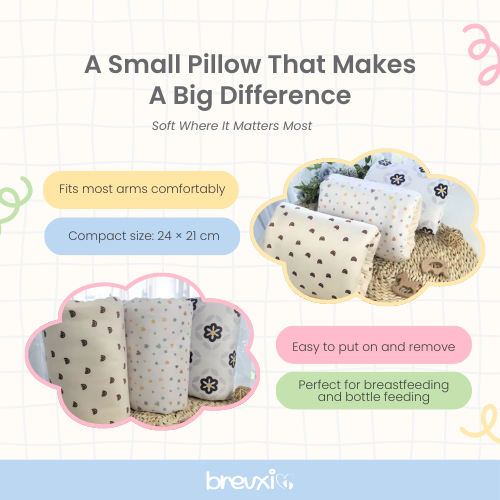 Set of small nursing pillows in different patterns and colors displayed on a soft surface.