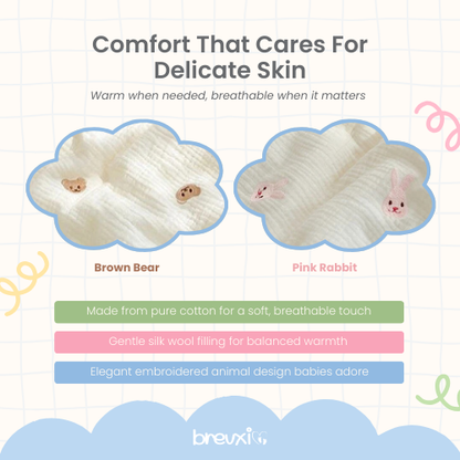 Close-up of cream baby blankets with embroidered brown bear and pink rabbit face details.