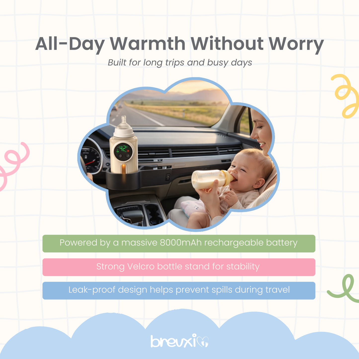 Baby bottle warmer with digital display mounted on a car dashboard, next to baby being fed.