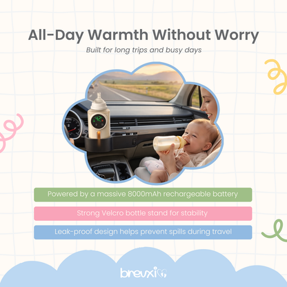 Baby bottle warmer with digital display mounted on a car dashboard, next to baby being fed.