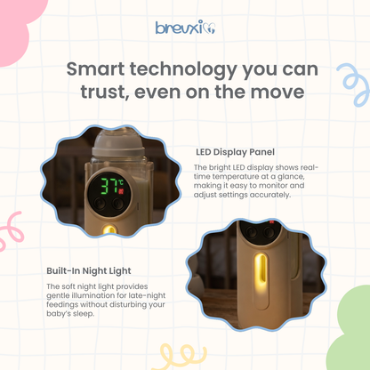 Baby bottle warmer with glowing LED display and built-in night light shown in low-light setting.