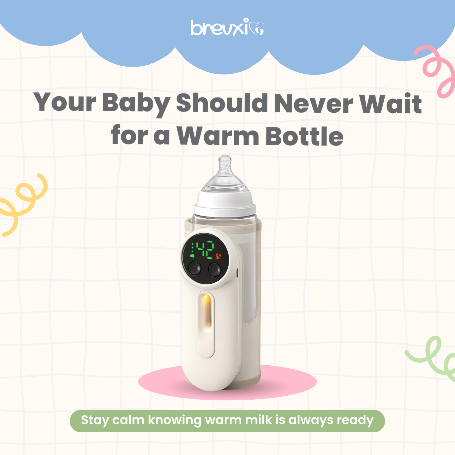 Baby bottle warmer with digital temperature display shown on a graphic background with text.