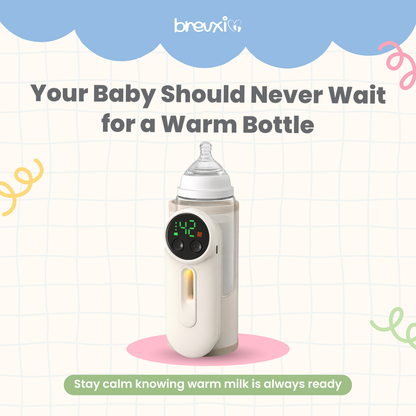 Baby bottle warmer with digital temperature display shown on a graphic background with text.