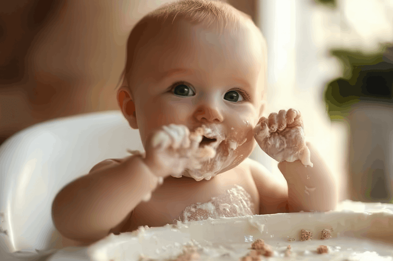 Baby sitting in a high chair with food on their face and hands during a messy meal.