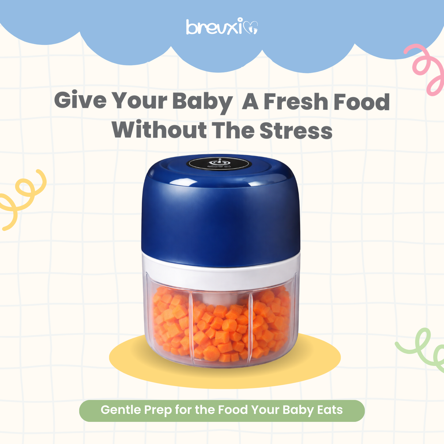 Blue baby food maker filled with diced carrots, shown on a playful background with promotional text.