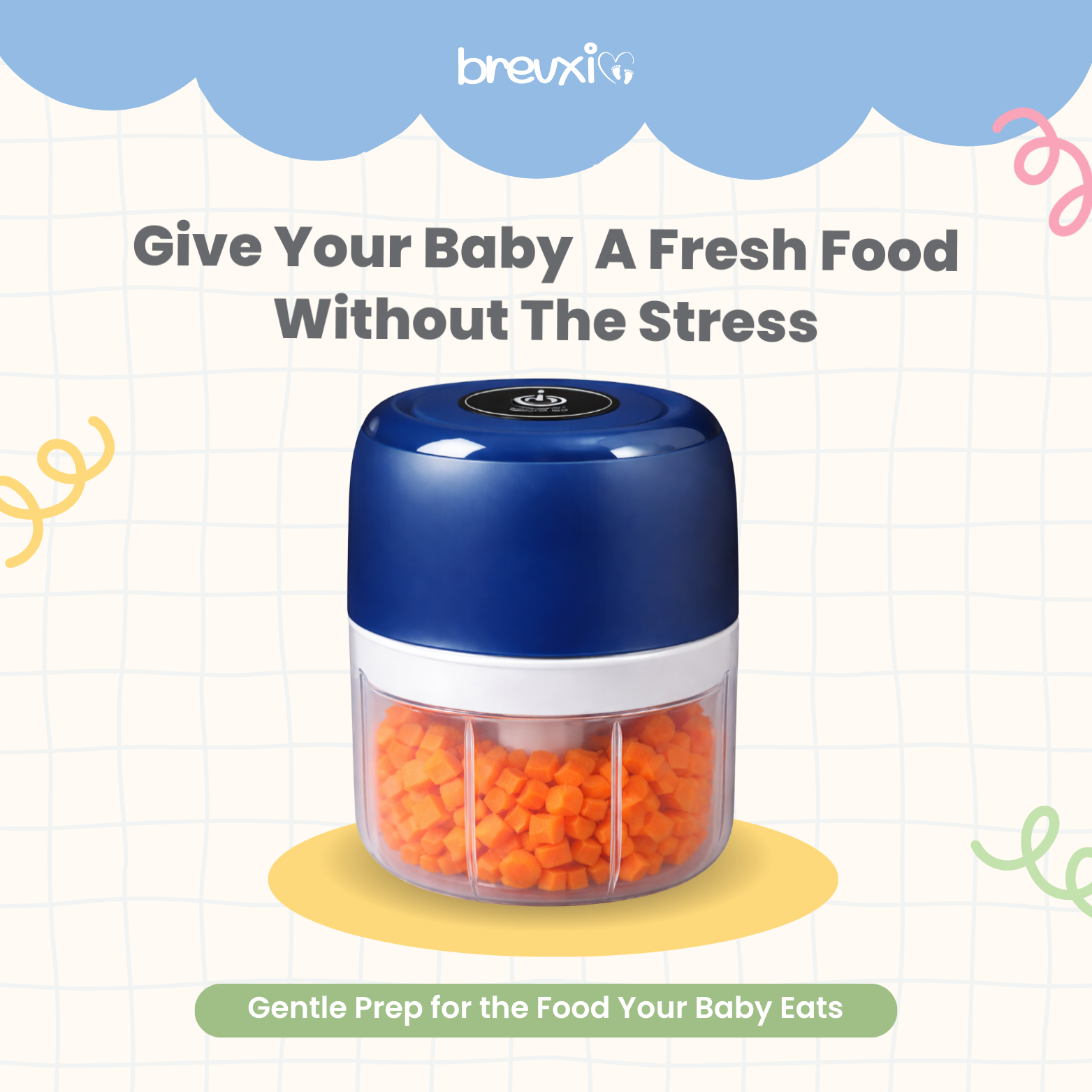 Blue baby food maker filled with diced carrots, shown on a playful background with promotional text.