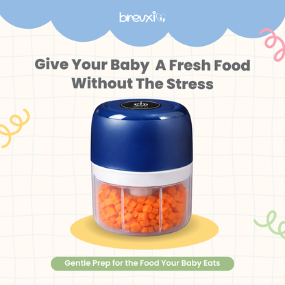 Blue baby food maker filled with diced carrots, shown on a playful background with promotional text.