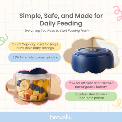 Infographic showing features of a blue baby food maker with fruit inside, highlighting its 250ml capacity, 23W motor, stainless steel blade, and rechargeable battery.