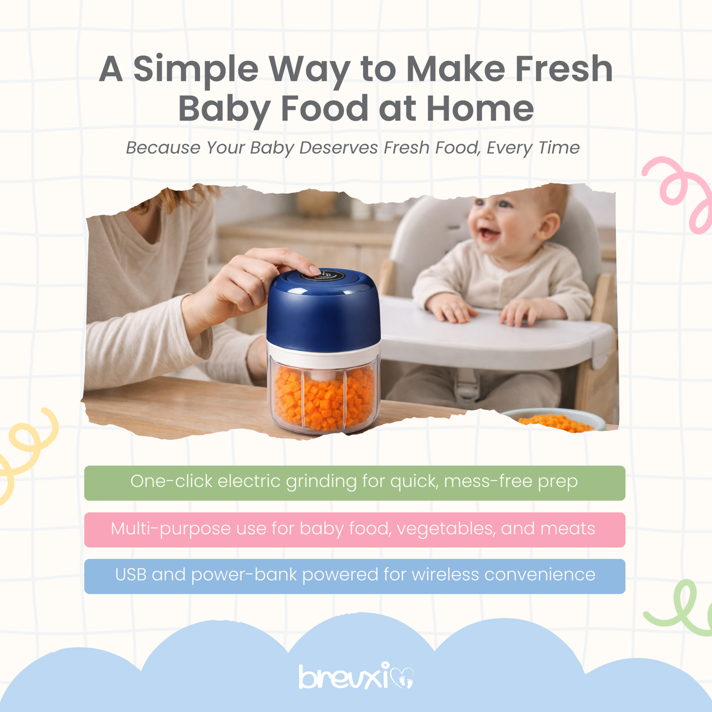 Person using a blue baby food maker on a table while a baby smiles in a high chair nearby.