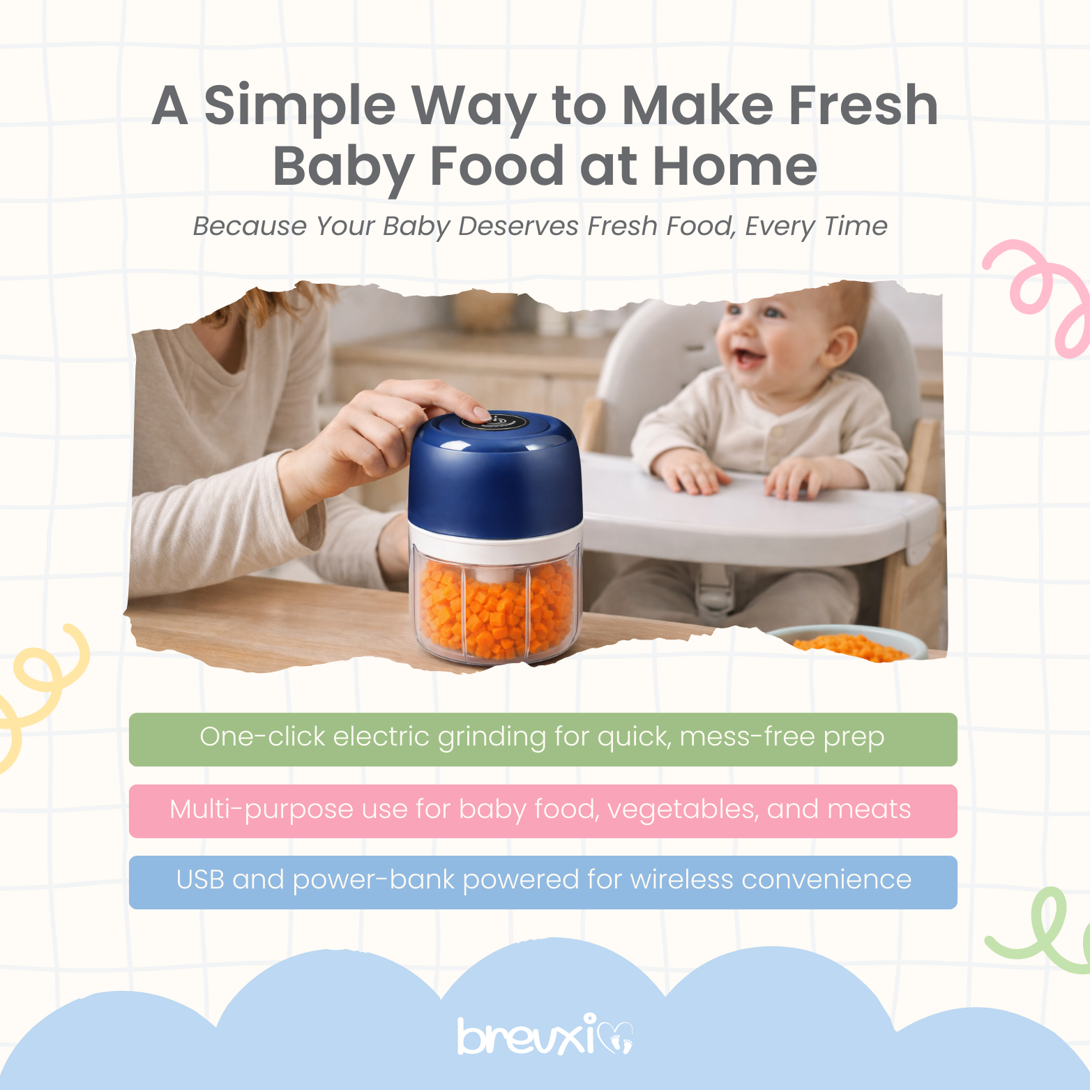 Person using a blue baby food maker on a table while a baby smiles in a high chair nearby.