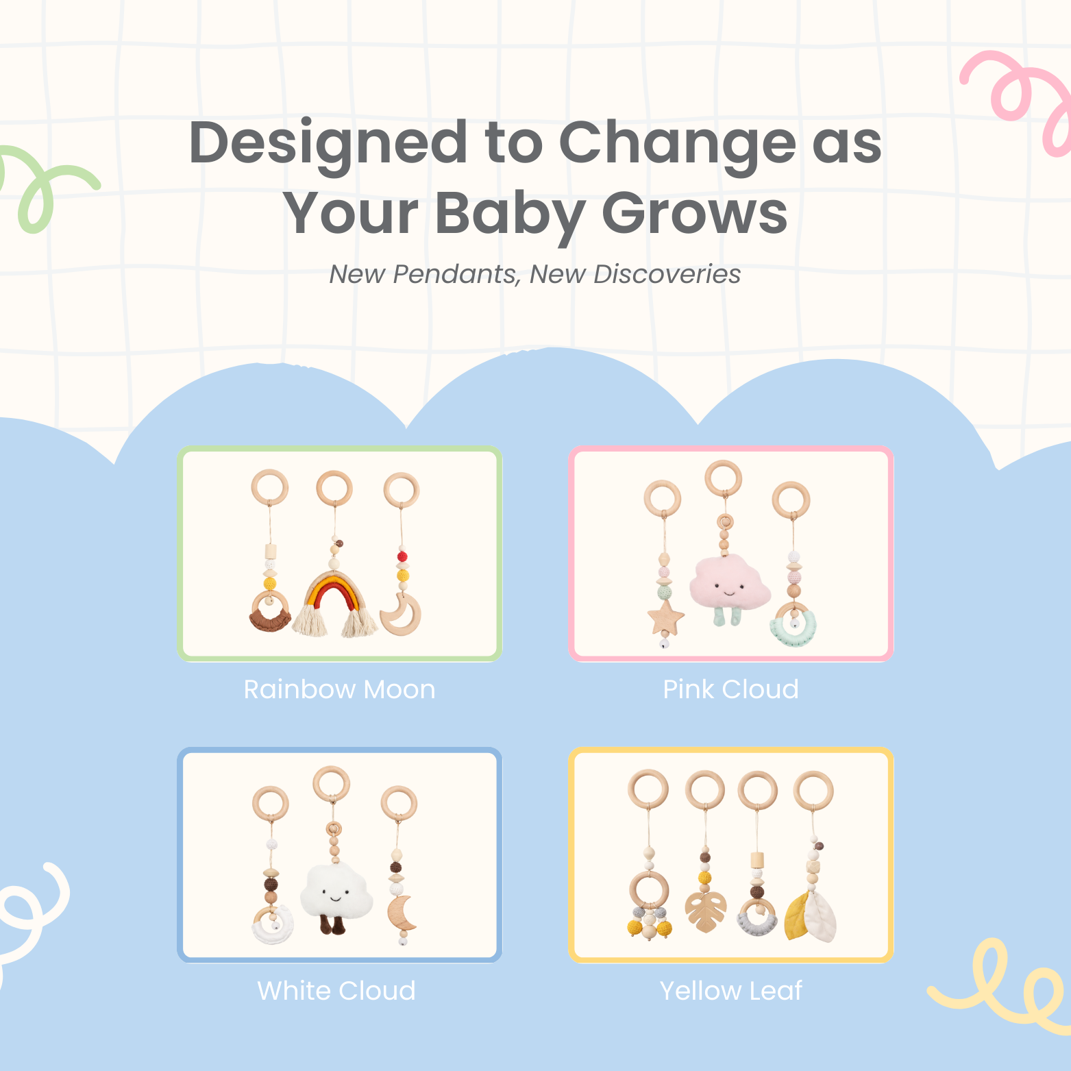 Four sets of baby gym hanging toys in rainbow, pink cloud, white cloud, and yellow leaf designs.