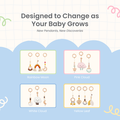 Four sets of baby gym hanging toys in rainbow, pink cloud, white cloud, and yellow leaf designs.
