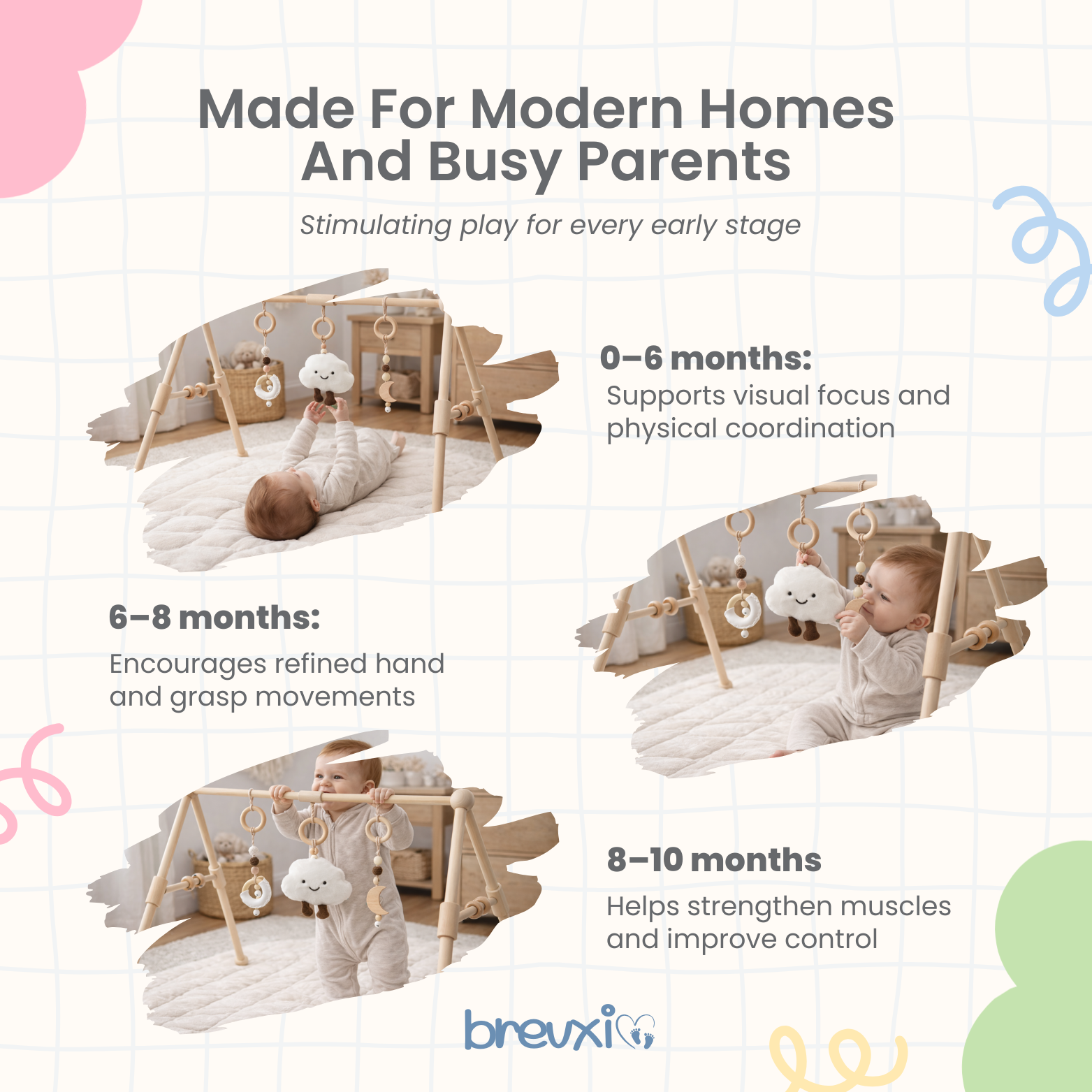 Babies playing with a wooden baby gym at various ages, engaging with hanging toys while lying, sitting, and standing.