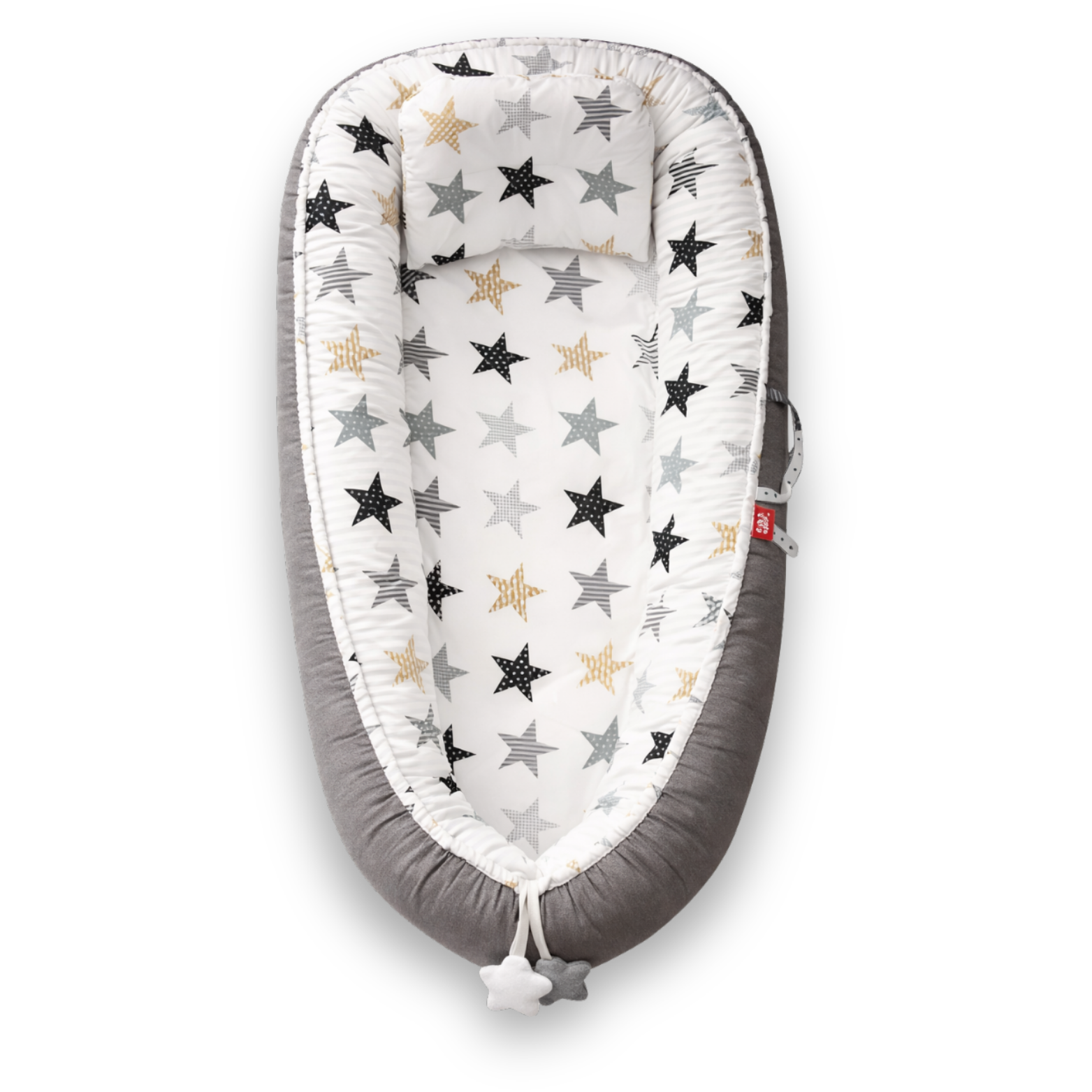 Grey baby lounger with white interior and multicolored star pattern, viewed from above.
