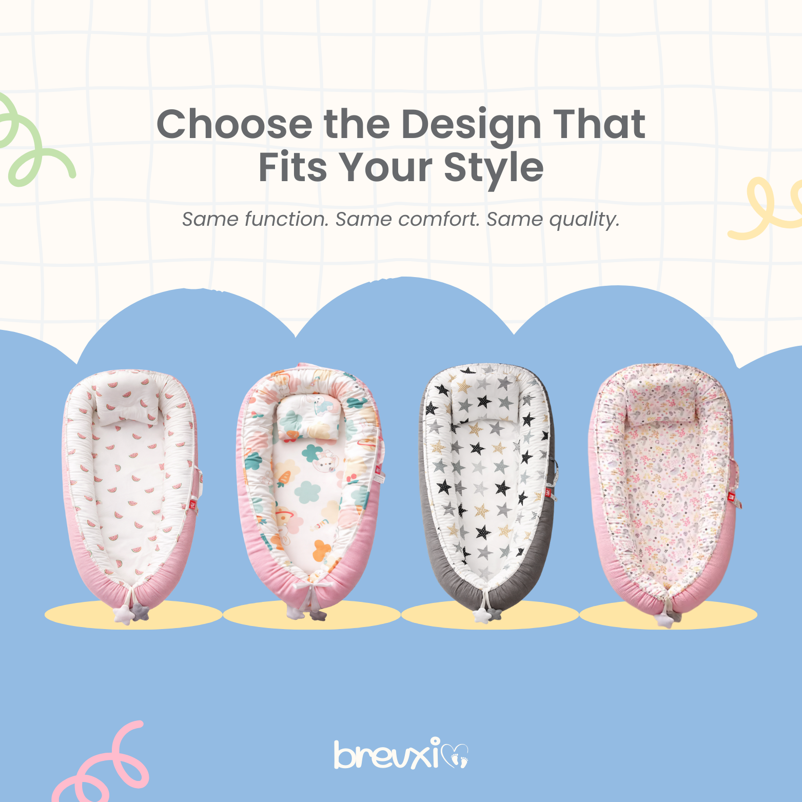 Four baby loungers in various colorful prints and pink or grey borders, displayed in a row from above.