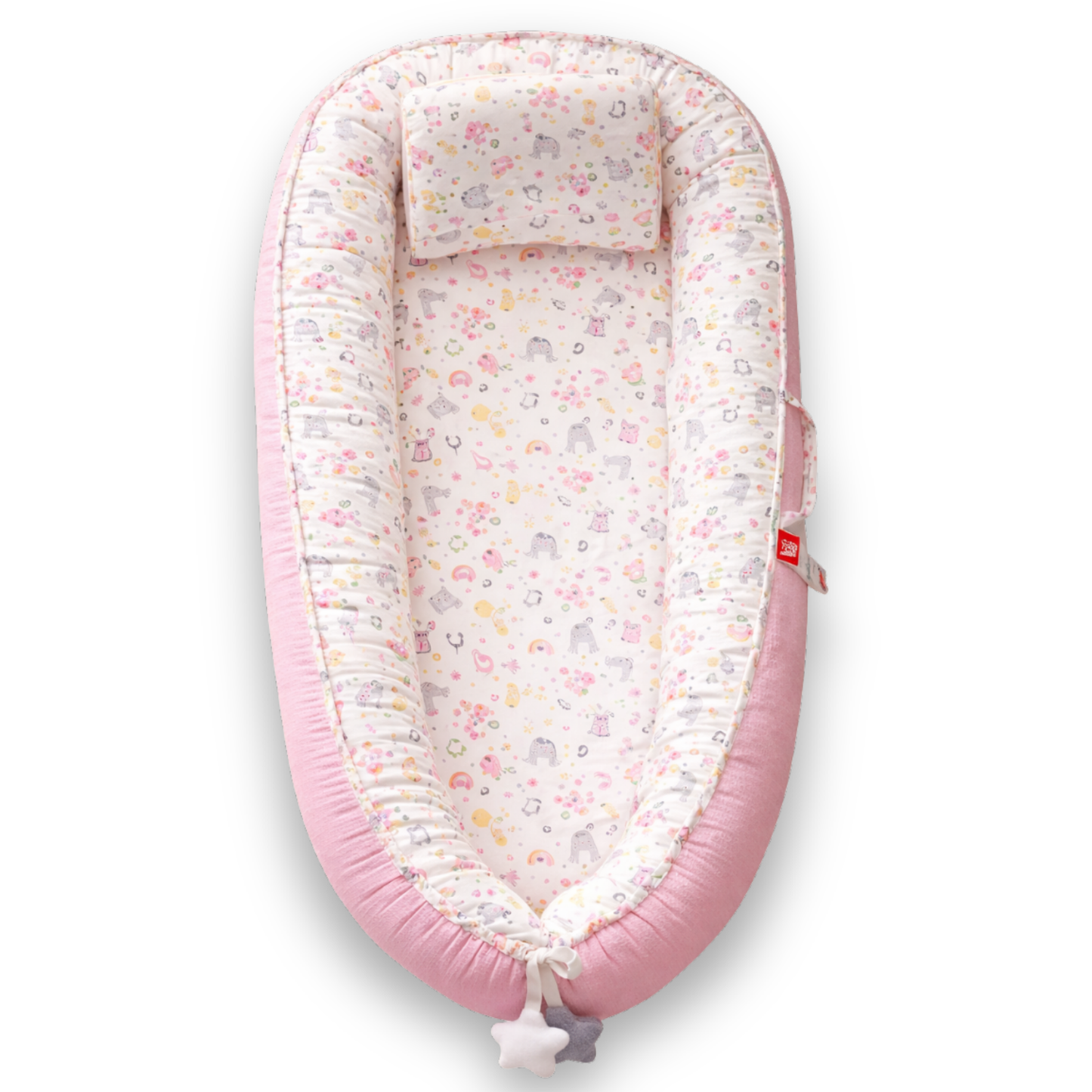 Pink baby lounger with white interior featuring pastel animal and floral print, viewed from above.
