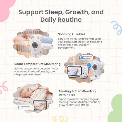 Baby monitor camera shown in use with features like lullabies, temperature monitoring, and feeding reminders.