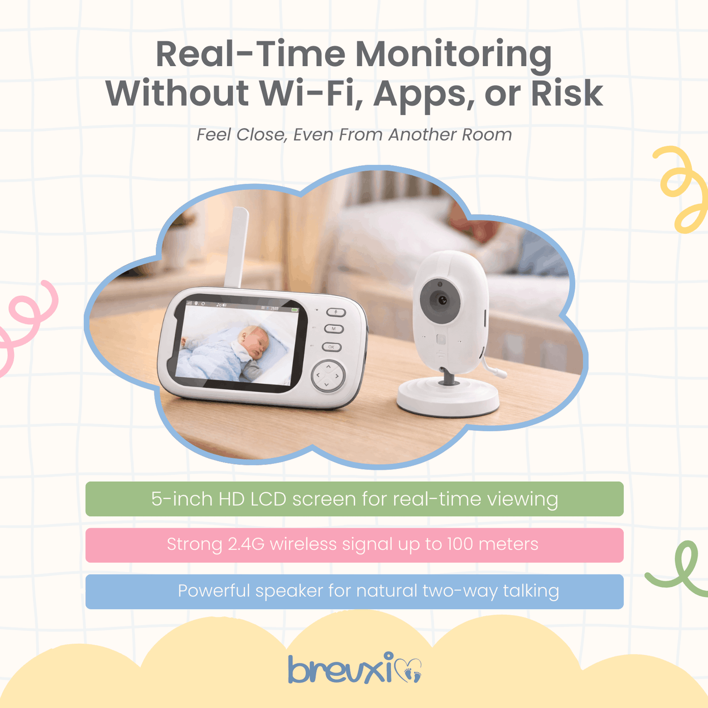 Baby monitor camera and screen placed on a table near a crib, showing a baby sleeping on the display.