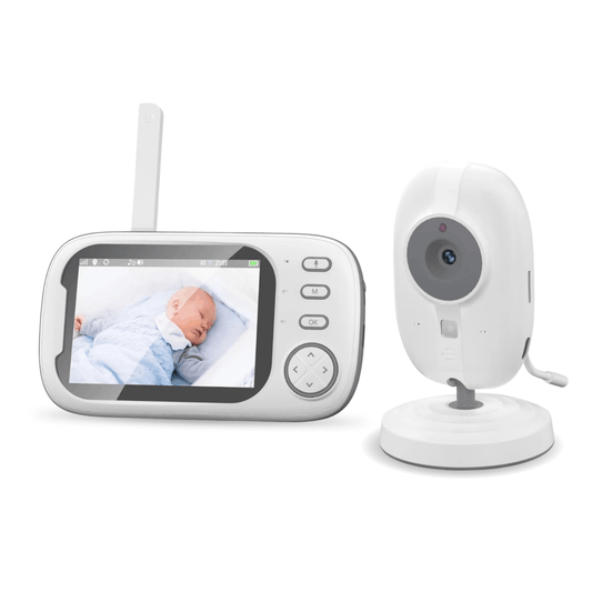 White baby monitor camera with separate screen showing a sleeping baby, viewed from the front.