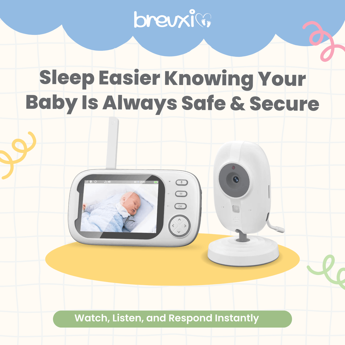 Baby monitor camera and screen showing sleeping baby, displayed in a playful marketing layout.