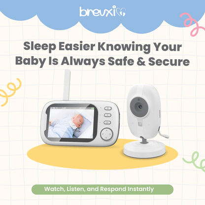 Baby monitor camera and screen showing sleeping baby, displayed in a playful marketing layout.
