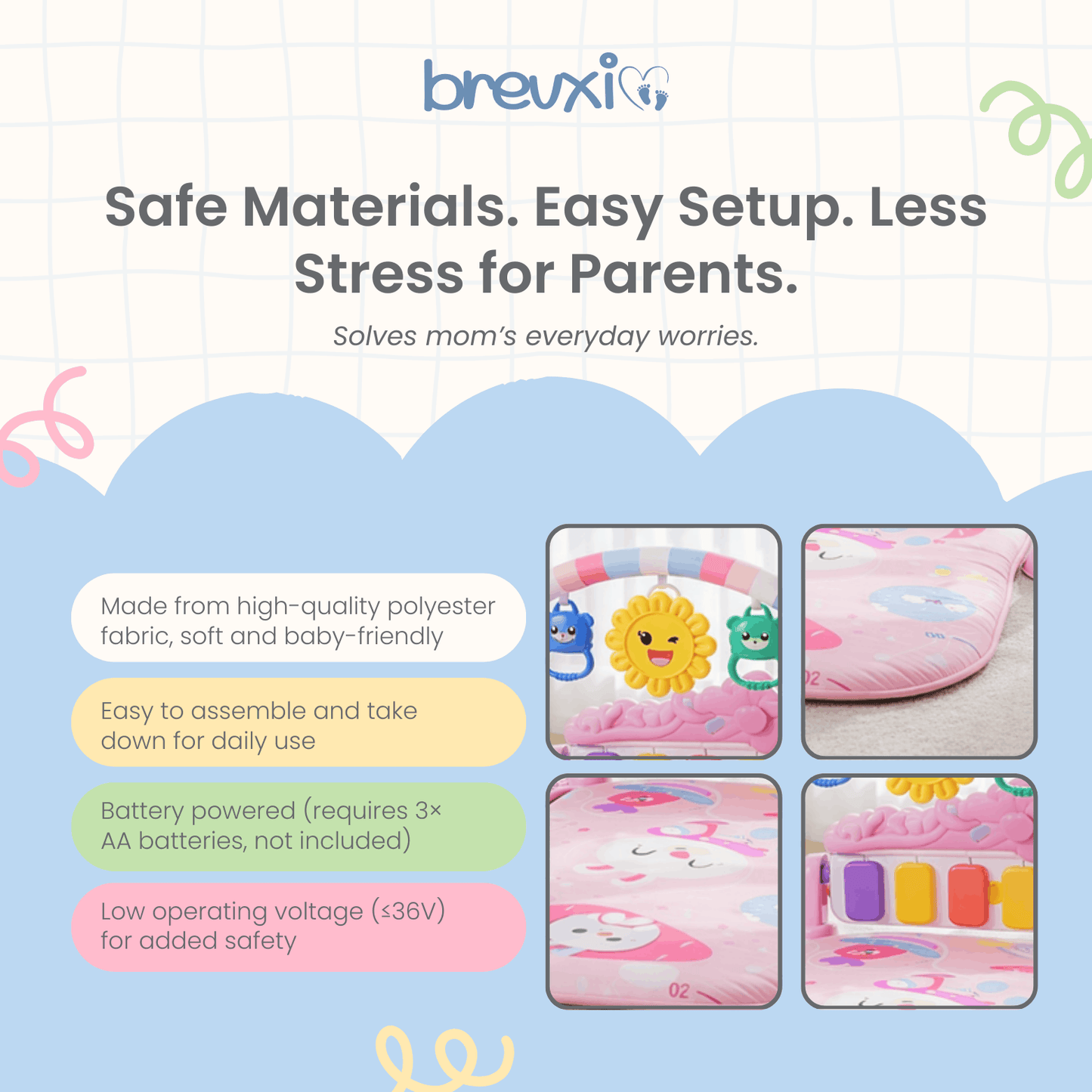 Pink baby play mat shown in close-up views with toy arch, soft surface, and colorful piano keys.
