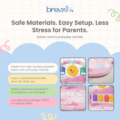 Pink baby play mat shown in close-up views with toy arch, soft surface, and colorful piano keys.
