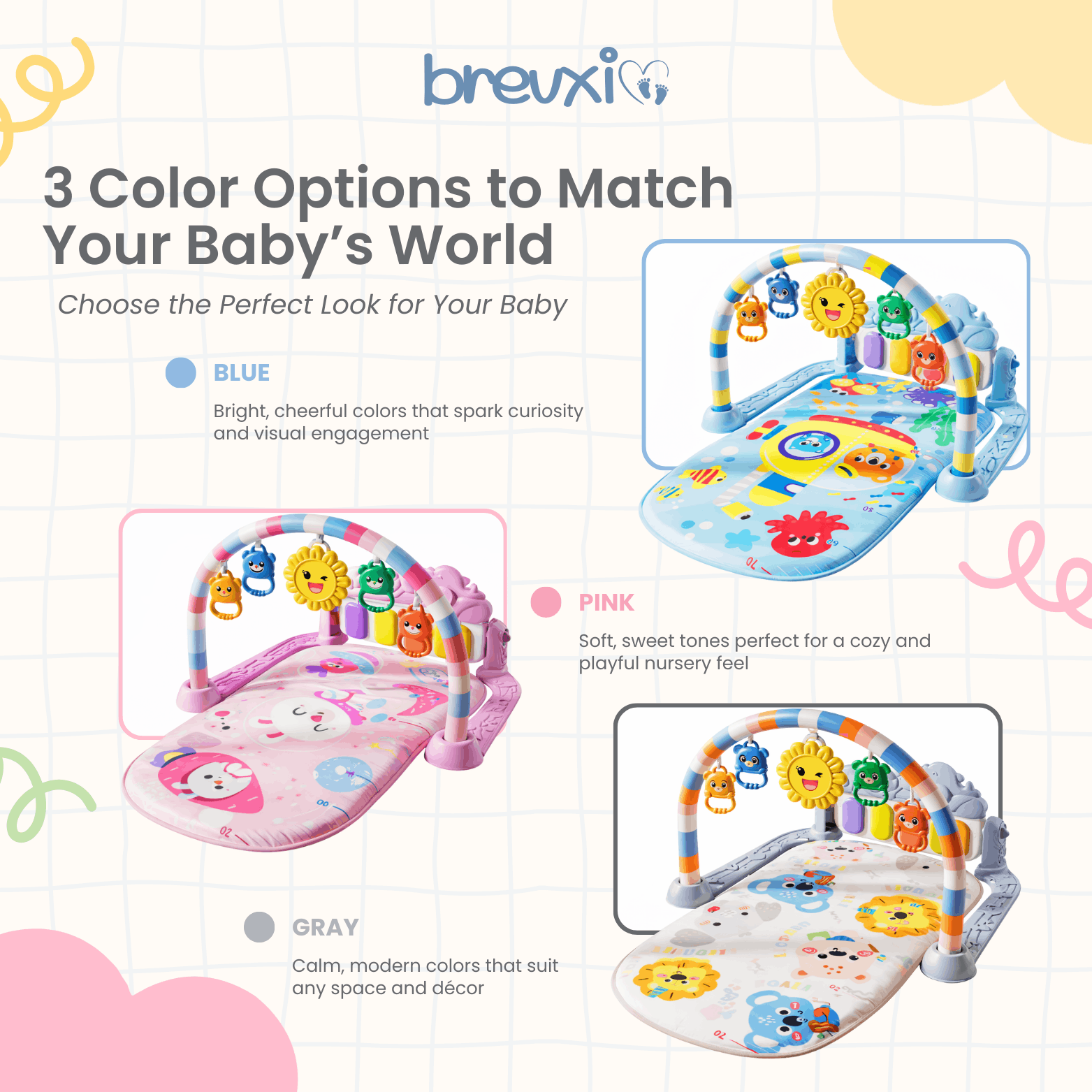 Baby play mats in blue, pink, and gray color options, each with toy arch and playful printed designs.