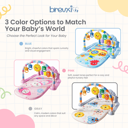 Baby play mats in blue, pink, and gray color options, each with toy arch and playful printed designs.