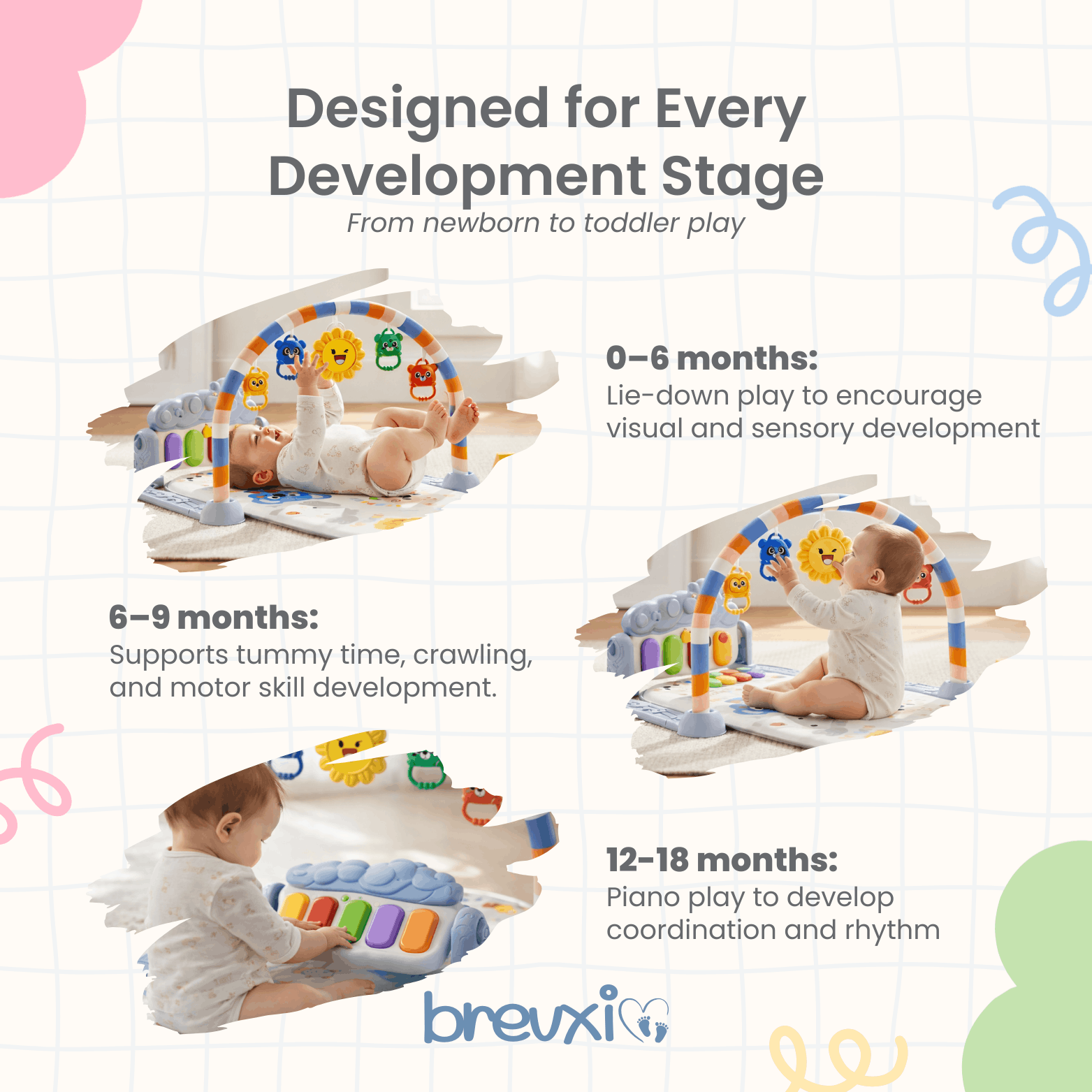 Baby play mat shown with infants using it in different positions for visual, motor, and musical play.