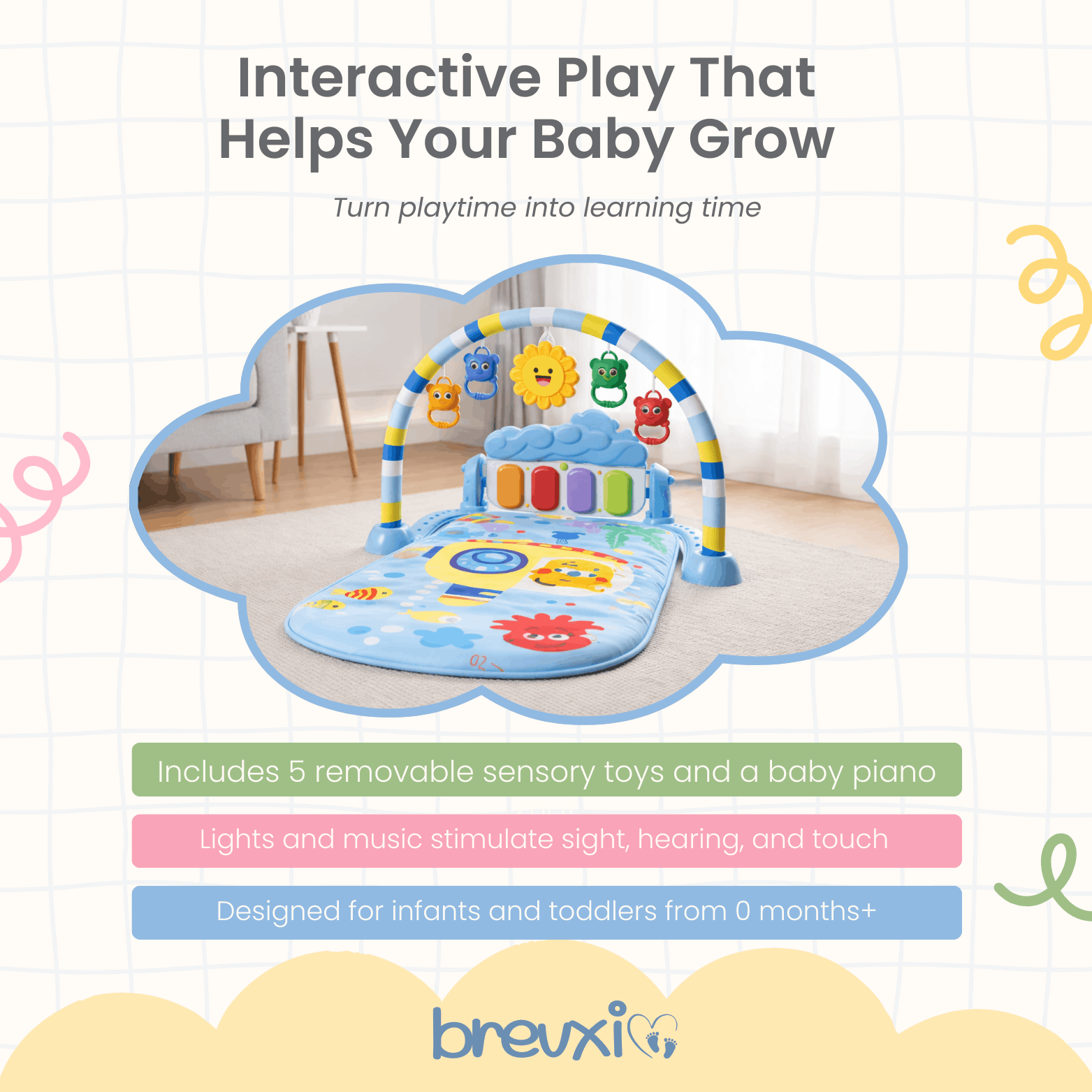 Blue baby play mat with toy arch, hanging sensory toys, and built-in colorful piano keyboard.
