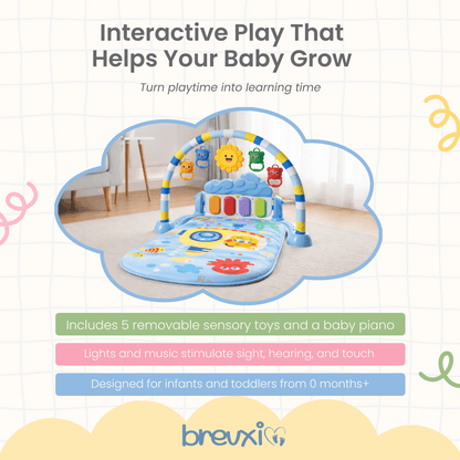Blue baby play mat with toy arch, hanging sensory toys, and built-in colorful piano keyboard.