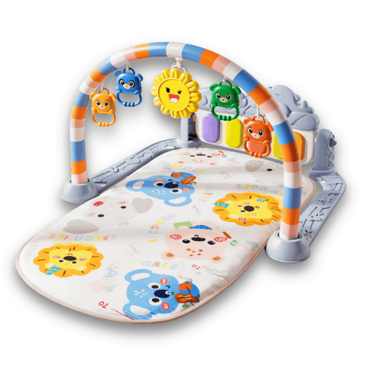 Colorful baby play mat with overhead toy arch and animal-themed printed surface.