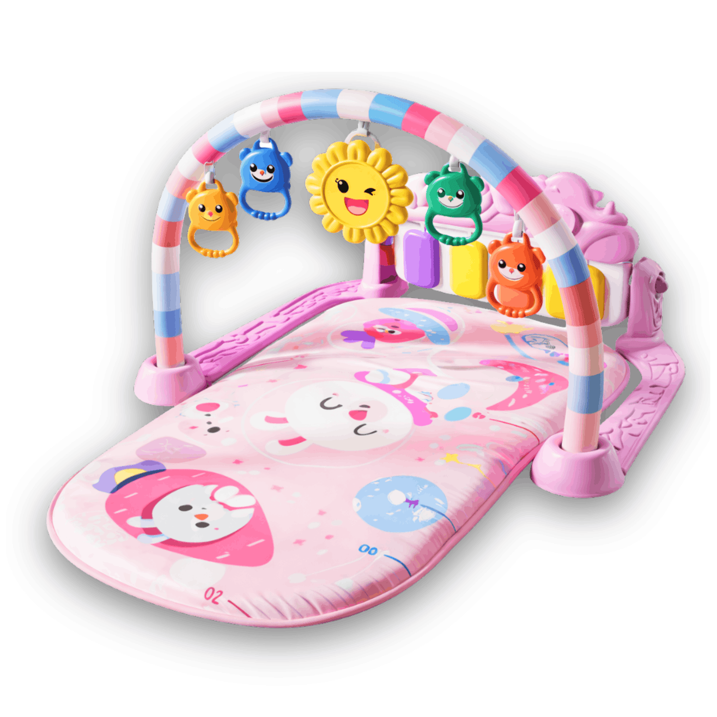 Pink baby play mat with colorful toy arch and cute cartoon animal illustrations.