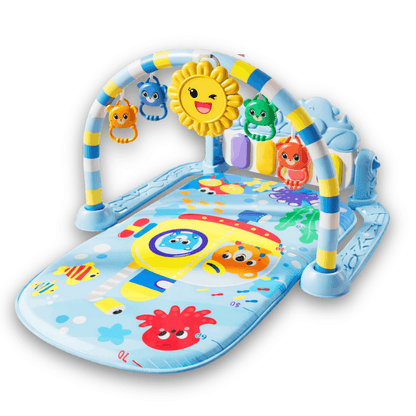 Blue baby play mat with colorful toy arch and underwater-themed illustrations.