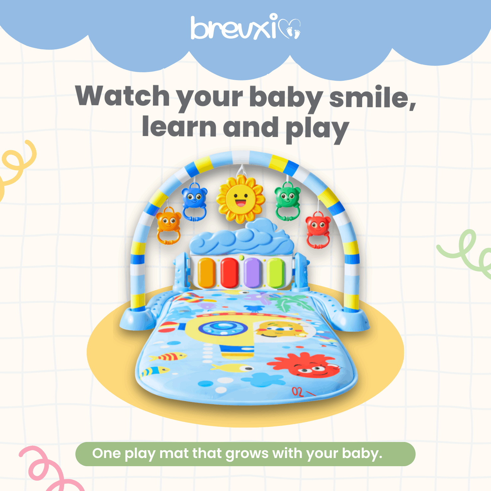 Blue baby play mat with colorful toy arch and musical keyboard, shown in a cheerful marketing design.