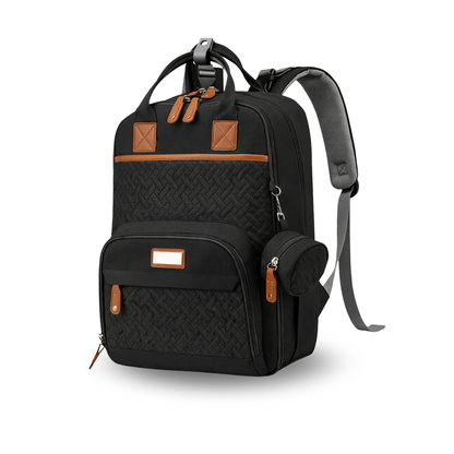 Black diaper backpack featuring woven texture, brown leather accents, and a small attached round pouch.