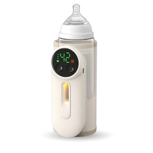 Baby bottle warmer with digital temperature display and silicone nipple, shown in upright position.