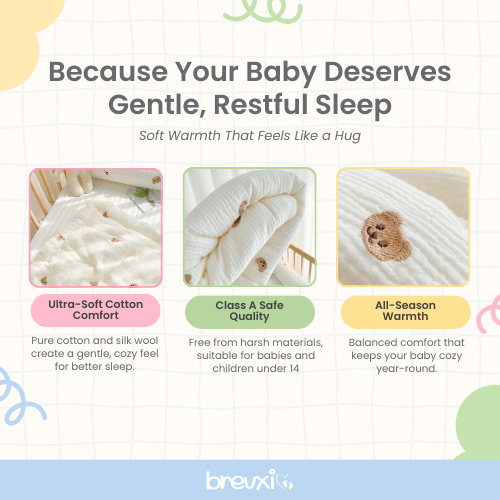 Cream baby blanket shown in crib, folded and close-up, with soft texture and embroidered bear face.