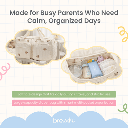 Cream diaper bag with bear design shown hanging and open, revealing organized baby essentials inside.