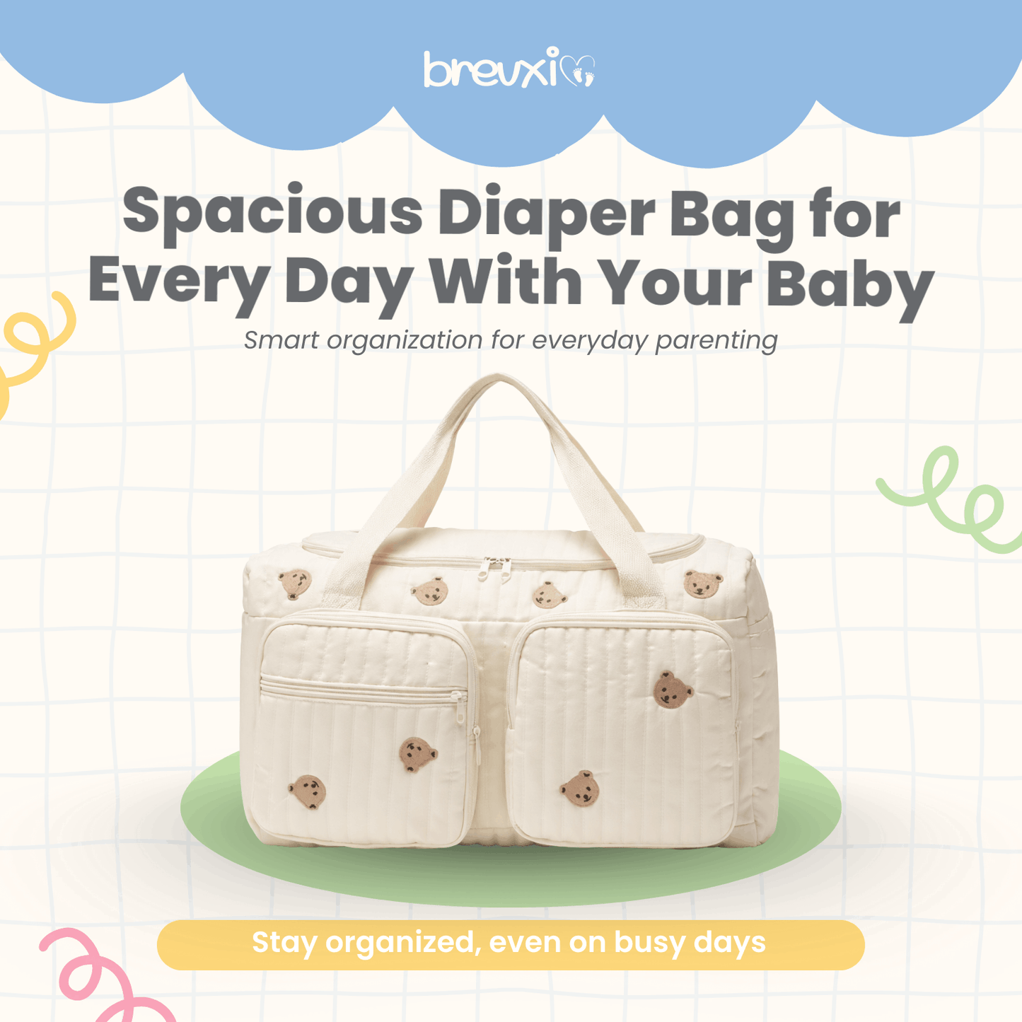 Cream diaper bag with cute bear faces and front zippered pockets, shown in a promotional layout.