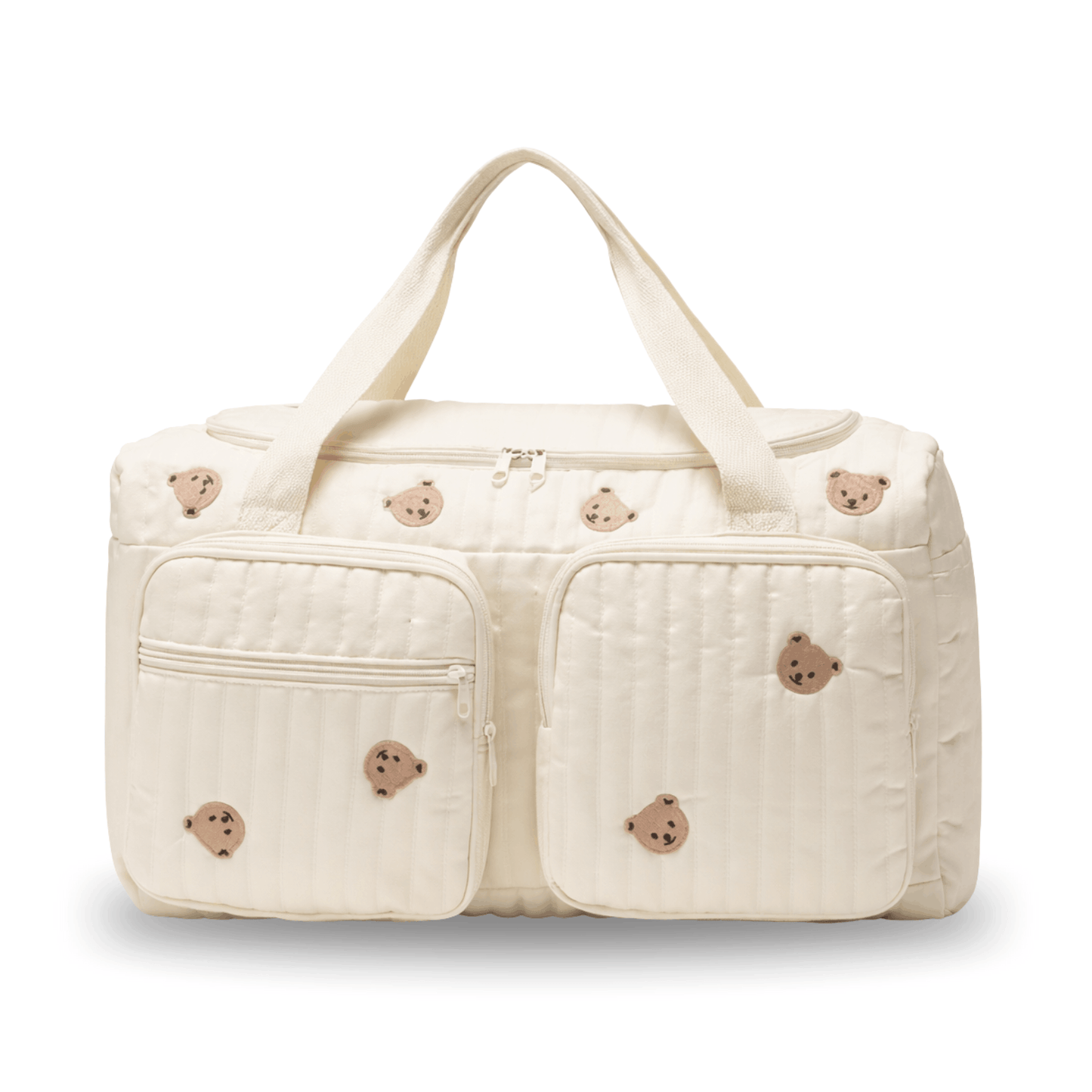 Cream-colored diaper bag with stitched bear faces and two front zippered pockets.