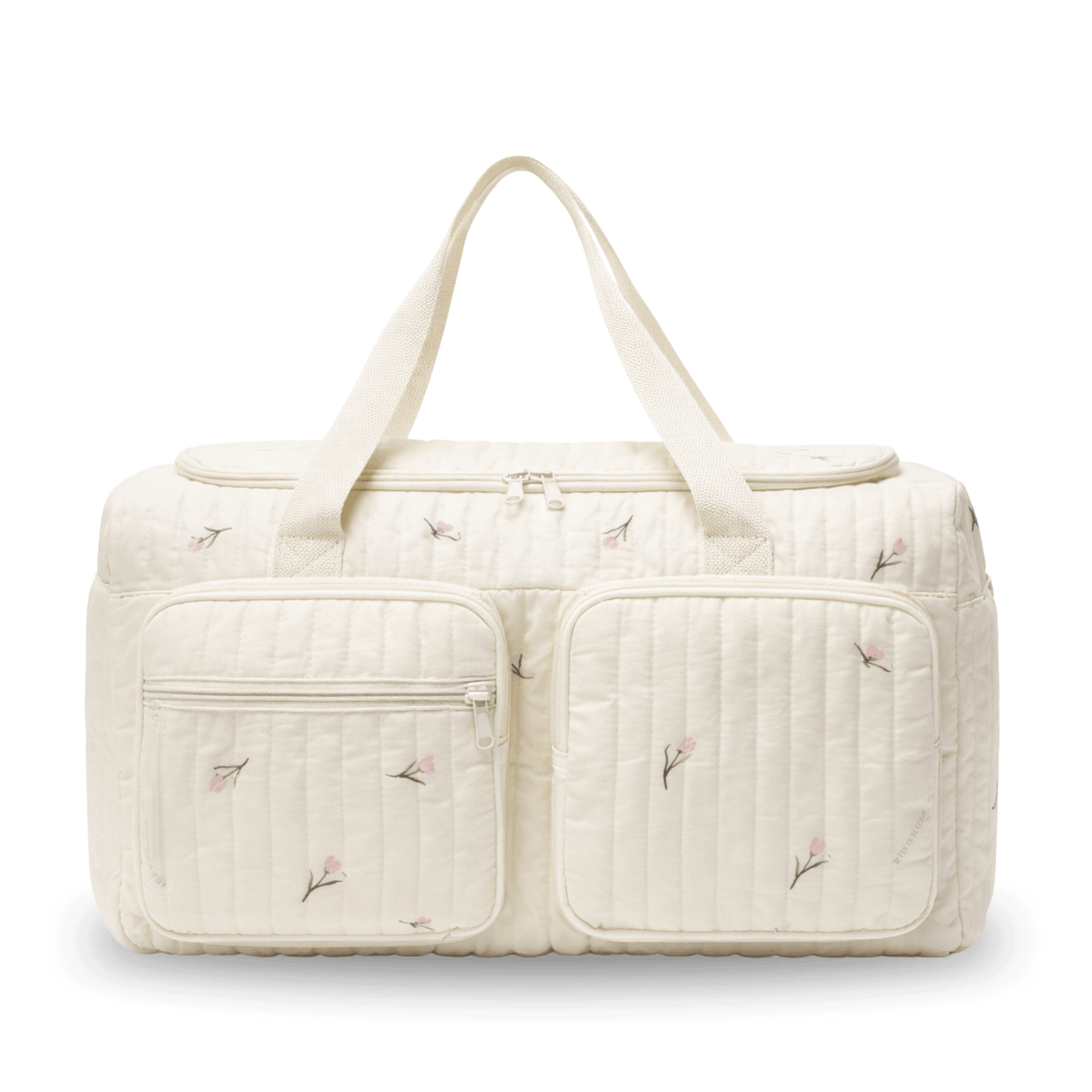 Cream-colored diaper bag with delicate pink floral design and two zippered front pockets.