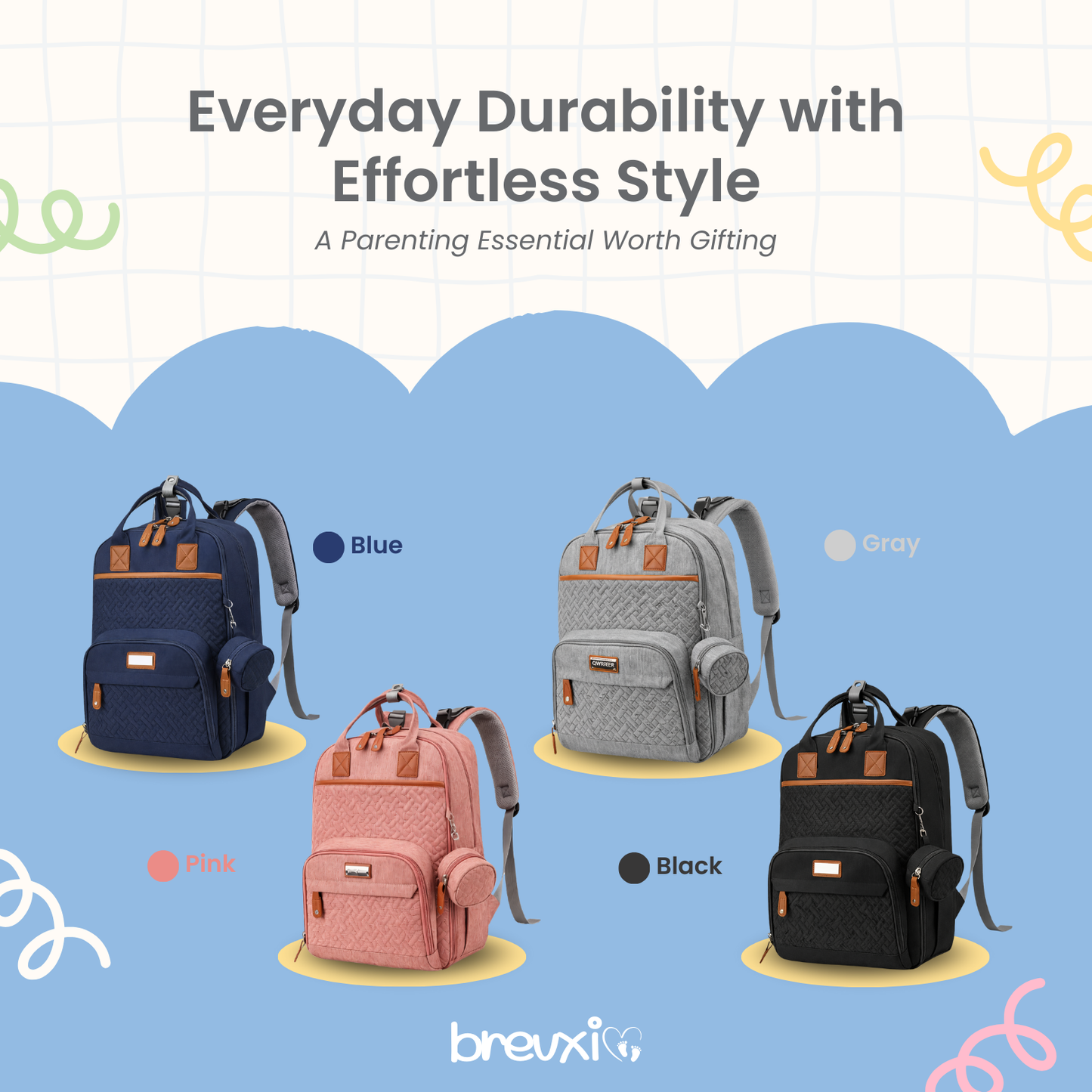 Four quilted diaper backpacks displayed in blue, grey, pink, and black with leather accents and side pouches.