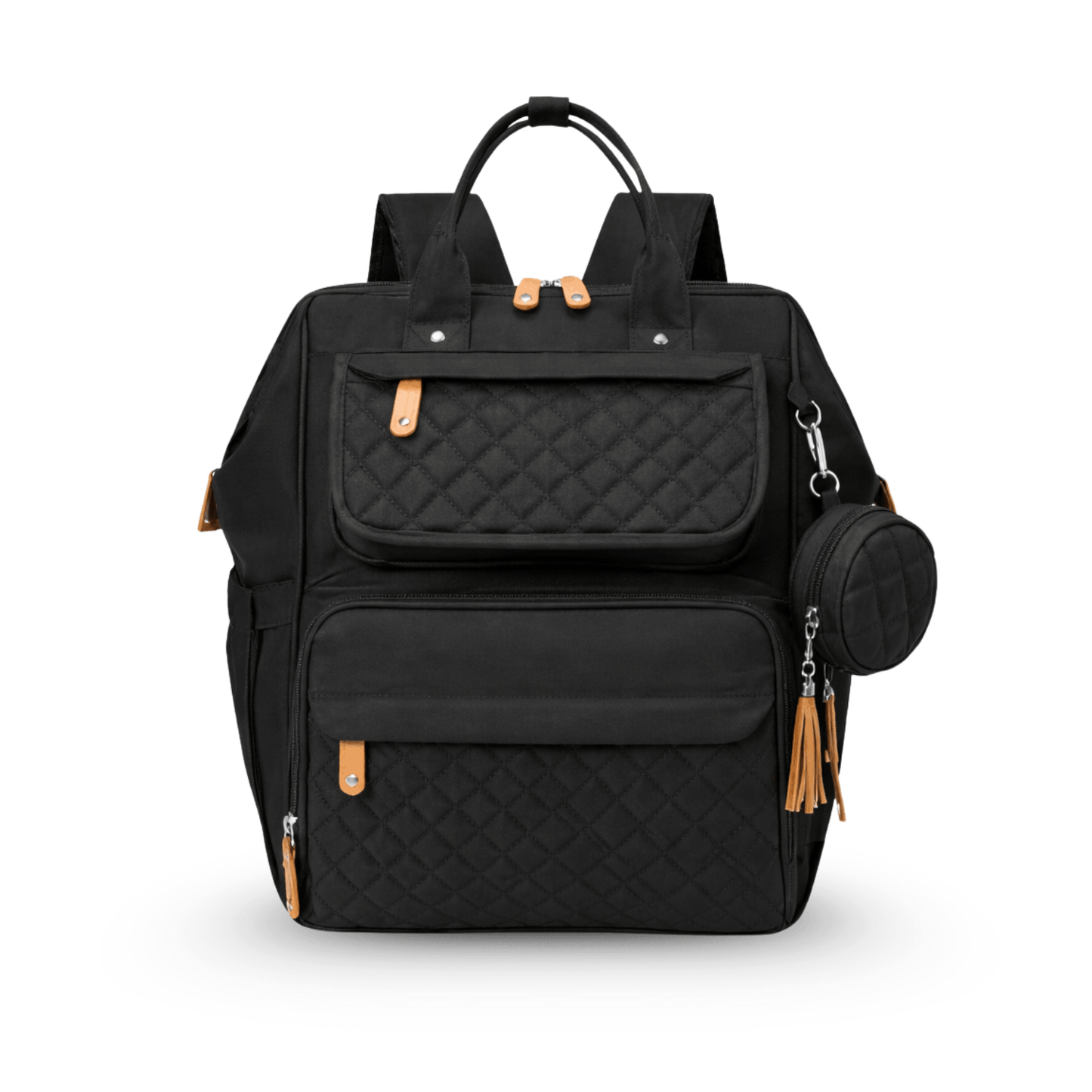 Black quilted diaper bag with tan accents, shown from the front with multiple compartments and round pouch.
