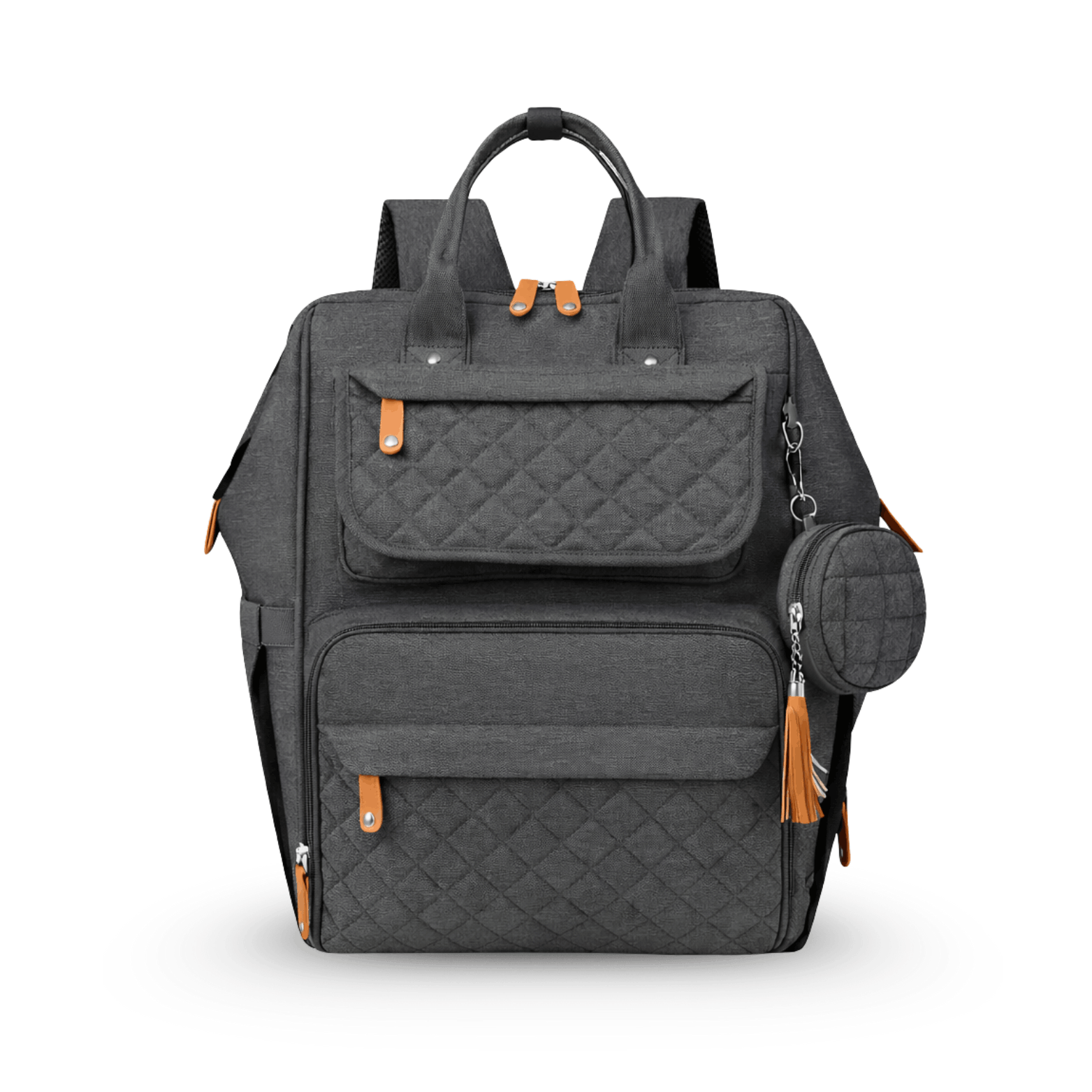 Charcoal quilted diaper bag with tan accents, shown from the front with multiple pockets and round pouch.