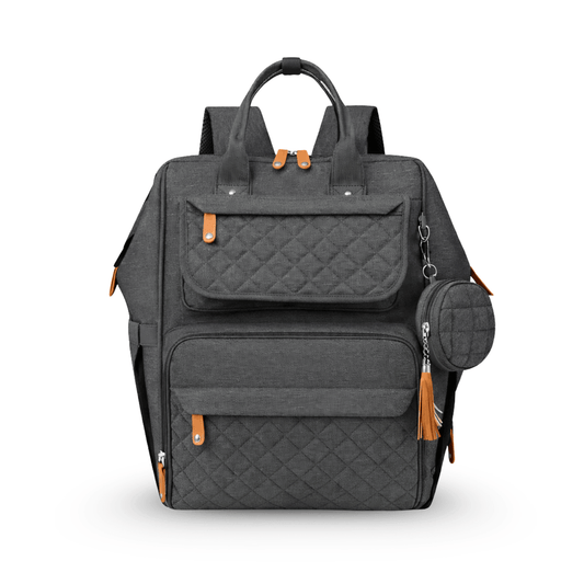 Charcoal quilted diaper bag with tan accents, shown from the front with multiple pockets and round pouch.