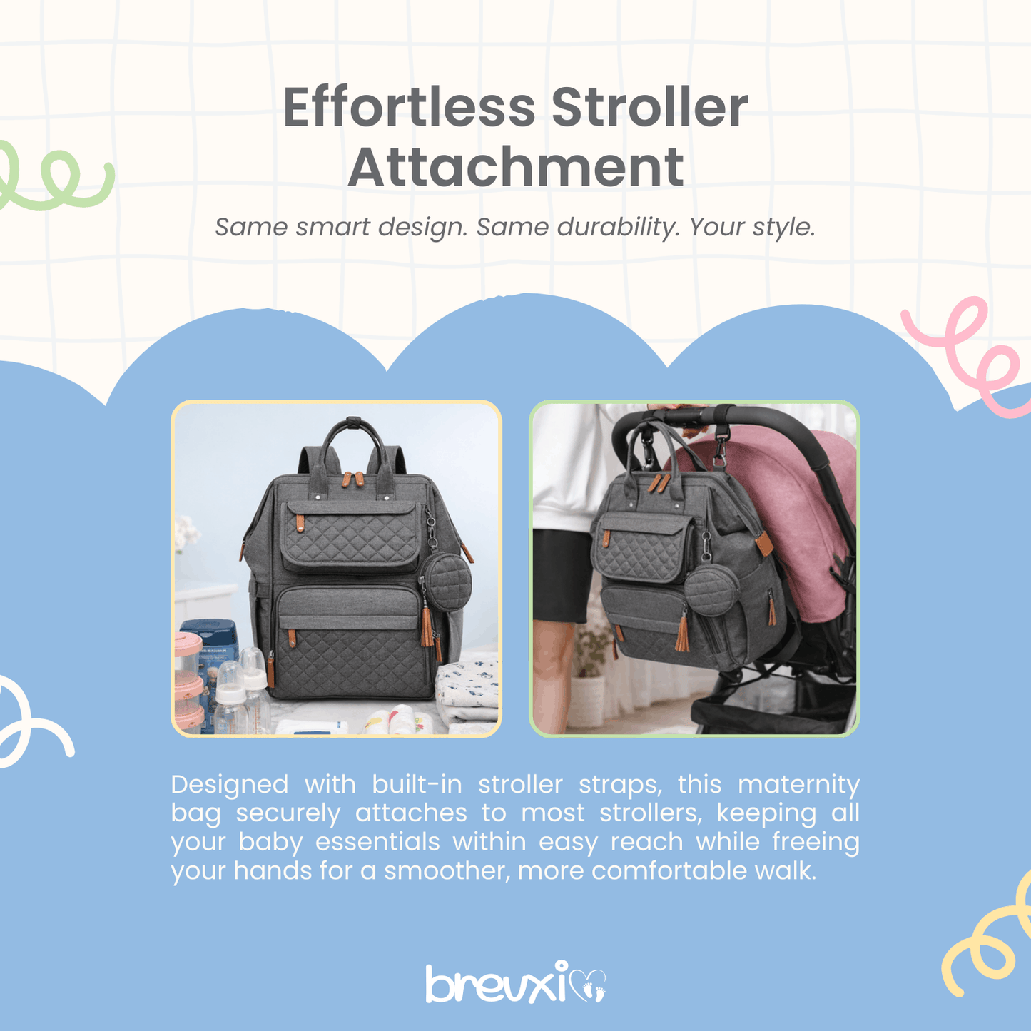 Dark grey quilted diaper bag shown attached to a stroller and placed on a nursery table.