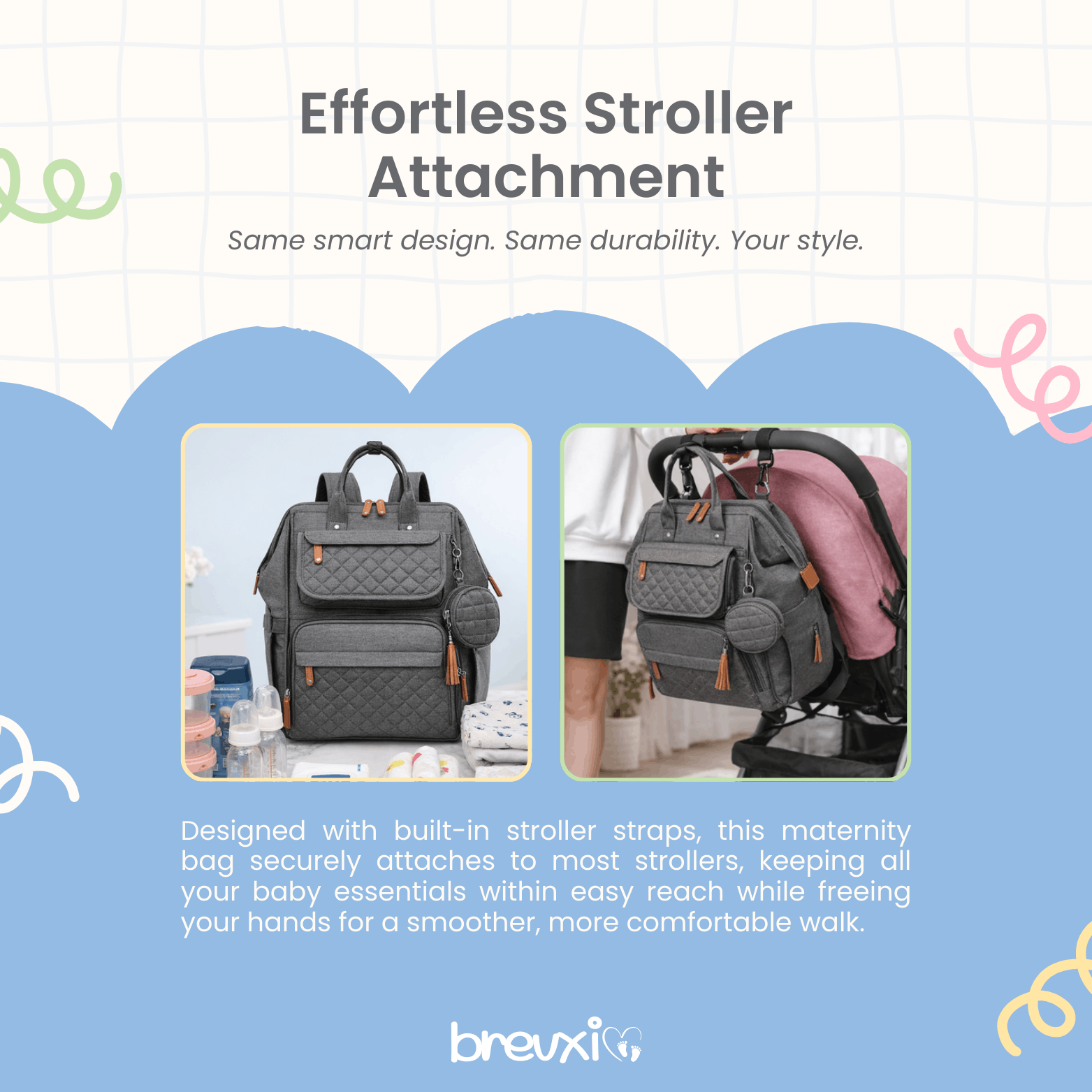 Dark grey quilted diaper bag shown attached to a stroller and placed on a nursery table.