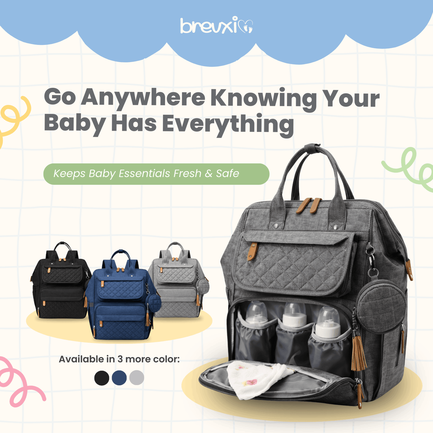 Grey diaper bag with open bottle compartment, shown next to black, blue, and light grey color options.